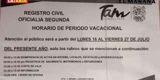 Disminuyen horario en el Registro Civil