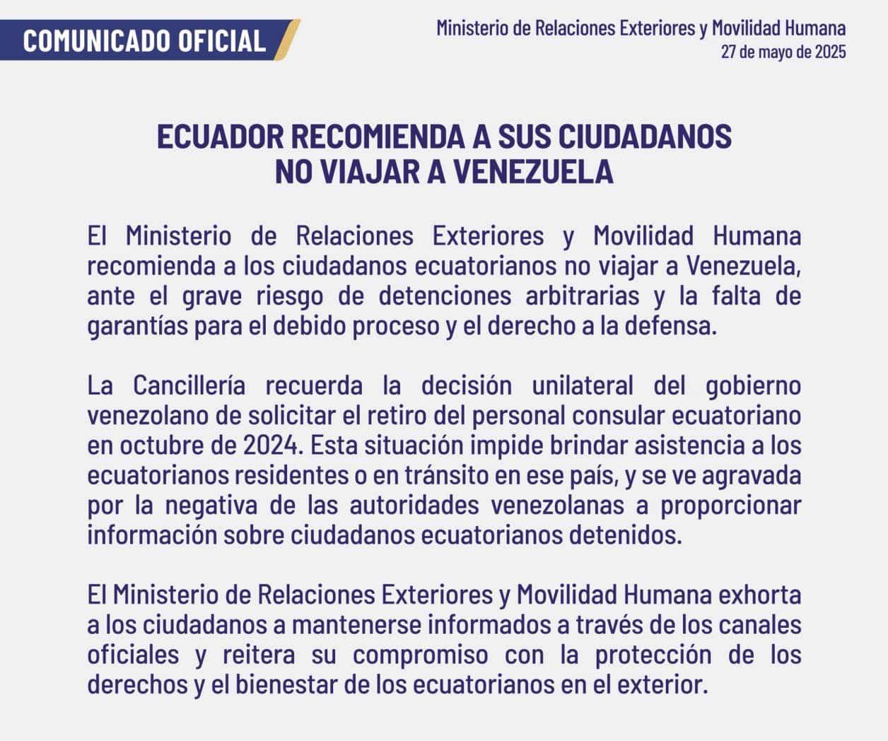 Recomendación de Ecuador y EE.UU. sobre viajar a Venezuela