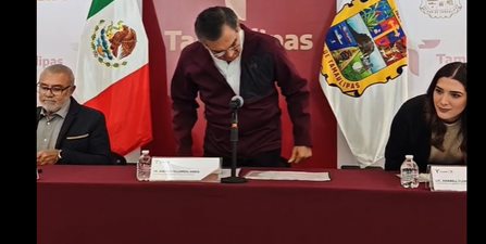 Conferencia de prensa con el gobernador Américo Villarreal, y los secretarios de Obras Públicas, Desarrollo Hidráulico y Salud.