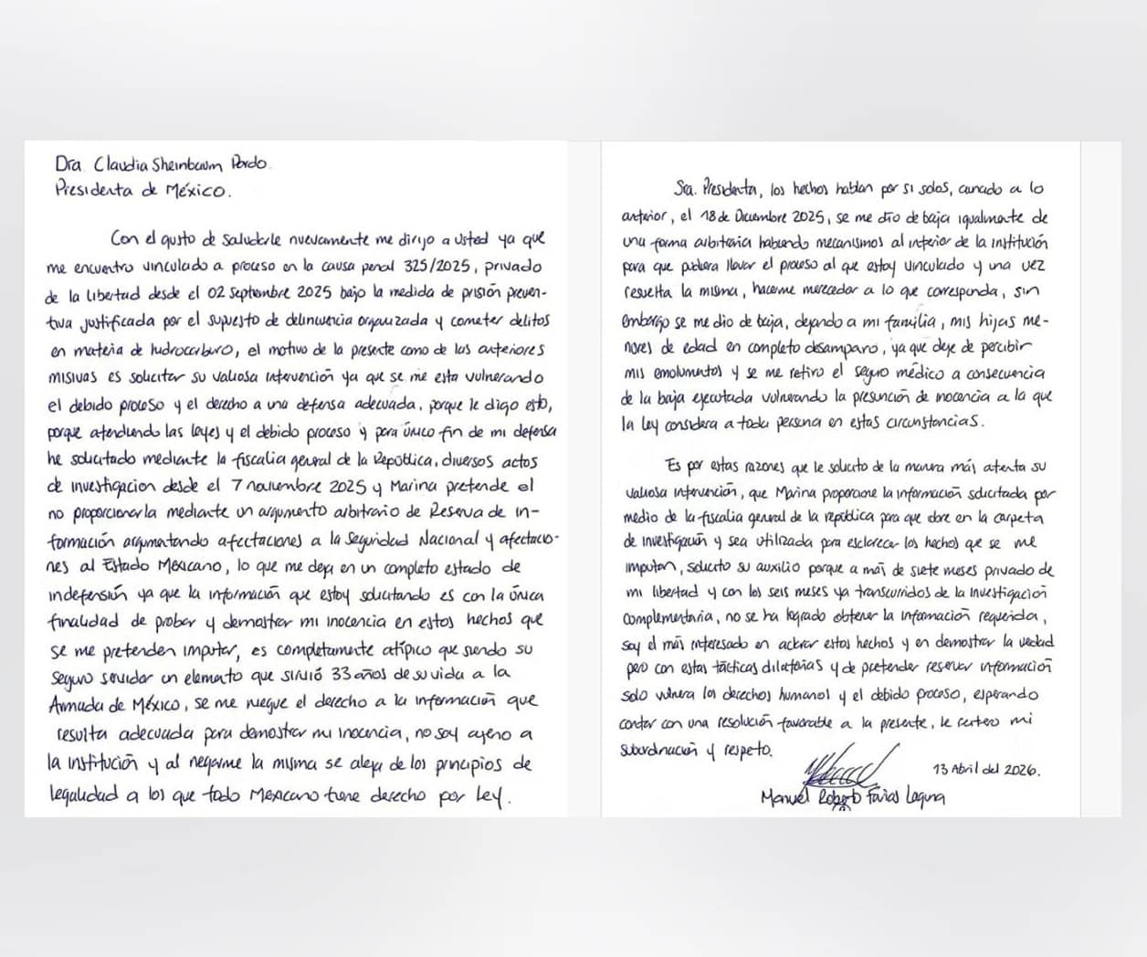 Farías acusa chivo expiatorio en séptima carta a Sheinbaum