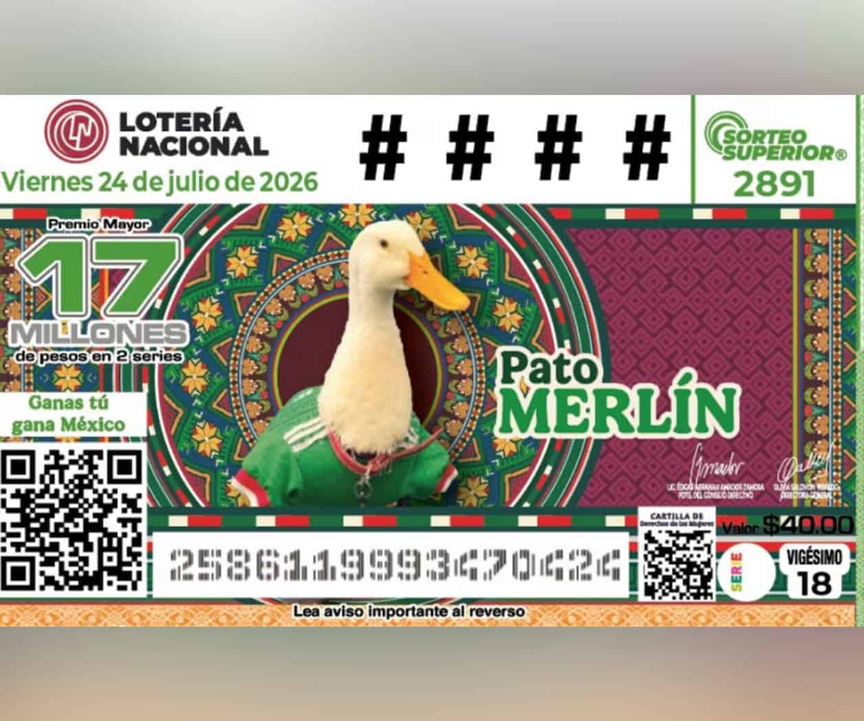 Pato Merlín ya tiene su billete de la Lotería Nacional