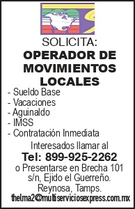 SOLICITA: *OPERADOR DE MOVIMIENTOS